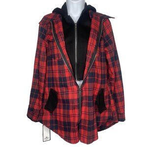 Retro Stage Zip Flannel Shirt Hoodie Sweatshirt Shacket Size M Red Blue Plaid